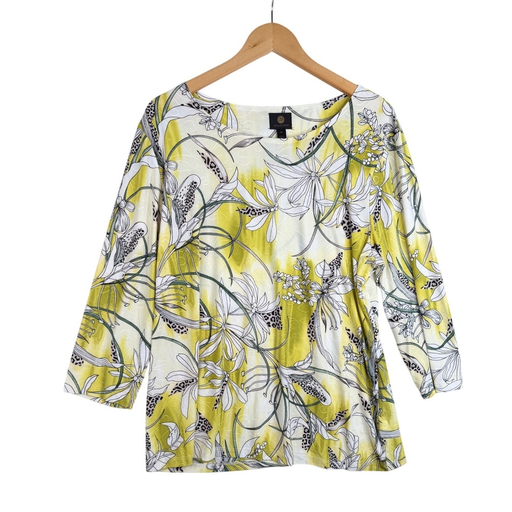 JM Collection Floral Print V-neck Long Sleeve Blouse size XXL Yellow/White/Black
